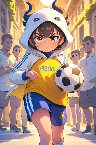 best quality, masterpiece, beautiful and aesthetic, vibrant color, Exquisite details and textures,  Warm tone, ultra realistic illustration,	(cute European Boy, 6year old:1.5),	(Soccer theme:1.2), kicking a soccer ball,	cute eyes, big eyes,	(an angry look:1.1),	cinematic lighting, ambient lighting, sidelighting, cinematic shot,	siena natural ratio, children's body, anime style, 	head to thigh portrait, short Straight brown hair with blunt bangs,	wearing a dragon hood, holding a babydragon doll, shorts, white turtleneck,	ultra hd, realistic, vivid colors, highly detailed, UHD drawing, perfect composition, beautiful detailed intricate insanely detailed octane render trending on artstation, 8k artistic photography, photorealistic concept art, soft natural volumetric cinematic perfect light. 