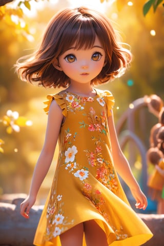 best quality, masterpiece, beautiful and aesthetic, vibrant color, Exquisite details and textures,  Warm tone, ultra realistic illustration,	(Pretty asian girl, 6year old:1.5),	(playground theme:1.4),	cute eyes, big eyes,	(a sullen look:1.2),	16K, (HDR:1.4), high contrast, bokeh:1.2, lens flare,	siena natural ratio, children's body, anime style, 	low angle view,	medium length layered bob cut with blunt bangs,	gossamer floral mango-colored dress,	ultra hd, realistic, vivid colors, highly detailed, UHD drawing, perfect composition, beautiful detailed intricate insanely detailed octane render trending on artstation, 8k artistic photography, photorealistic concept art, soft natural volumetric cinematic perfect light. 
