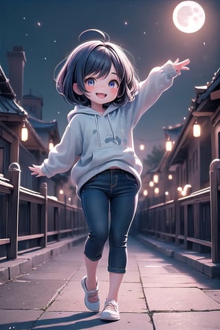 best quality, masterpiece, beautiful and aesthetic, vibrant color, Exquisite details and textures,  Warm tone, ultra realistic illustration,	(cute asian girl, 7year old:1.5),	(moonlight theme:1.4), Fireflies flying in the sky,	cute eyes, big eyes,	(a beautiful smile:1.5),	cinematic lighting, ambient lighting, sidelighting, cinematic shot,	siena natural ratio, children's body, anime style, 	(random view:1.4), (random poses:1.4), 	brown Short bob cut,	hoodie, a black jeans, 	ultra hd, realistic, vivid colors, highly detailed, UHD drawing, perfect composition, beautiful detailed intricate insanely detailed octane render trending on artstation, 8k artistic photography, photorealistic concept art, soft natural volumetric cinematic perfect light. 