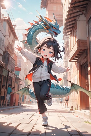 best quality, masterpiece, beautiful and aesthetic, vibrant color, Exquisite details and textures,  Warm tone, ultra realistic illustration,	(cute India girl, 6year old:1.5),	(Sports theme:1.4), Jumping pose,	(holding a dragon doll:1.4), (a fancy dragon decoration:1.6),	cute eyes, big eyes,	(a chic look:1.5),	16K, (HDR:1.4), high contrast, bokeh:1.2, lens flare,	siena natural ratio, children's body, anime style, 	low angle view,	long Wave black hair,	a black zipped jacket, black pants, 	ultra hd, realistic, vivid colors, highly detailed, UHD drawing, perfect composition, beautiful detailed intricate insanely detailed octane render trending on artstation, 8k artistic photography, photorealistic concept art, soft natural volumetric cinematic perfect light. 