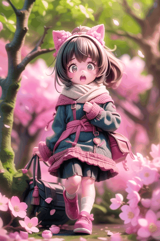 Cheerful little girl with blonde ponytail hairstyle and bright knit dress is running among falling petals in cherry blossom tree forest.
, (a surprised look:1.3)