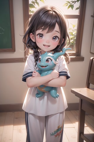 best quality, masterpiece, beautiful and aesthetic, vibrant color, Exquisite details and textures,  Warm tone, ultra realistic illustration,	(cute Nordic girl, 7year old:1.5),	(school theme:1.4), With my friends,	(holding a cute dragon doll:1.4),	cute eyes, big eyes,	(a beautiful smile:1.3),	cinematic lighting, ambient lighting, sidelighting, cinematic shot,	siena natural ratio, children's body, anime style, 	half body view,	long Straight Light Brown hair,	wearing a white T-shirt, white Adidas sweatpants,	ultra hd, realistic, vivid colors, highly detailed, UHD drawing, perfect composition, beautiful detailed intricate insanely detailed octane render trending on artstation, 8k artistic photography, photorealistic concept art, soft natural volumetric cinematic perfect light. 