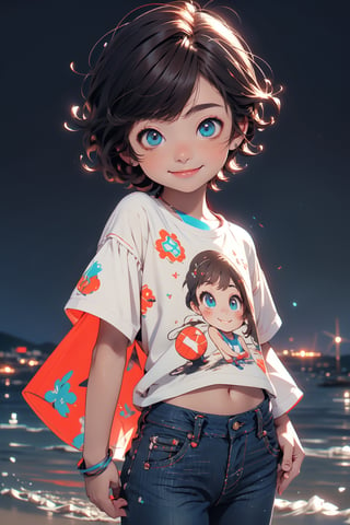best quality, masterpiece, beautiful and aesthetic, vibrant color, Exquisite details and textures,  Warm tone, ultra realistic illustration,	(cute Latino Boy and European girl, 9year old:1.3), 1 girl and 1 boy,	(Beach theme:1.4),	cute eyes, big eyes,	(a smile on one's face:1.5),	cinematic lighting, ambient lighting, sidelighting, cinematic shot,	siena natural ratio, children's body, anime style, 	head to toe,	shot curly dark brown hair,	a cute t-shirt, tight low-rise jeans,	ultra hd, realistic, vivid colors, highly detailed, UHD drawing, perfect composition, beautiful detailed intricate insanely detailed octane render trending on artstation, 8k artistic photography, photorealistic concept art, soft natural volumetric cinematic perfect light. 