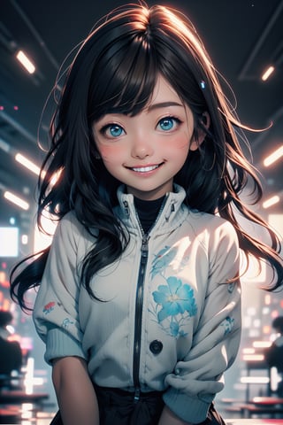 best quality, masterpiece, beautiful and aesthetic, vibrant color, Exquisite details and textures,  Warm tone, ultra realistic illustration,	(cute asian girl, 9year old:1.5),	(Starlight theme:1.4), Spotlight, starlight falling like a gem,	cute eyes, big eyes,	(a beautiful smile:1.8),	cinematic lighting, ambient lighting, sidelighting, cinematic shot,	siena natural ratio, children's body, anime style, 	half body view,	long Straight Light Brown hair,	a white and blue tracksuit,	ultra hd, realistic, vivid colors, highly detailed, UHD drawing, perfect composition, beautiful detailed intricate insanely detailed octane render trending on artstation, 8k artistic photography, photorealistic concept art, soft natural volumetric cinematic perfect light.