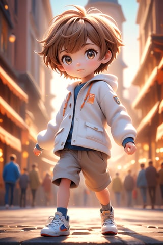 best quality, masterpiece, beautiful and aesthetic, vibrant color, Exquisite details and textures,  Warm tone, ultra realistic illustration,	(cute European Boy, 9year old:1.5),	(Breakdancing theme:1.2),	cute eyes, big eyes,	(a sullen look:1.2),	16K, (HDR:1.4), high contrast, bokeh:1.2, lens flare,	siena natural ratio, children's body, anime style, 	(random view:1.4), (random poses:1.4), 	very short Straight Light Brown hair with blunt bangs,	a white wool coat,	ultra hd, realistic, vivid colors, highly detailed, UHD drawing, perfect composition, beautiful detailed intricate insanely detailed octane render trending on artstation, 8k artistic photography, photorealistic concept art, soft natural volumetric cinematic perfect light. 
