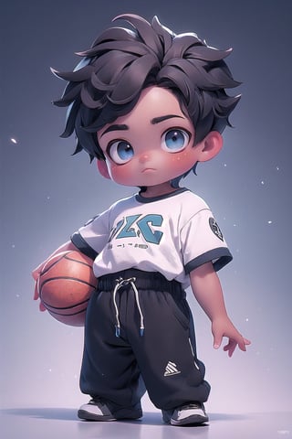 best quality, masterpiece, beautiful and aesthetic, vibrant color, Exquisite details and textures,  Warm tone, ultra realistic illustration,	(cute African- American Boy, 8year old:1.5),	(Basketball theme:1.2),	cute eyes, big eyes,	(a model look:1.6),	cinematic lighting, ambient lighting, sidelighting, cinematic shot,	siena natural ratio, children's body, anime style, 	half body view,	long Wave dark brown hair,	wearing a white T-shirt, black NIKE sweatpants,	ultra hd, realistic, vivid colors, highly detailed, UHD drawing, perfect composition, beautiful detailed intricate insanely detailed octane render trending on artstation, 8k artistic photography, photorealistic concept art, soft natural volumetric cinematic perfect light.
