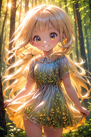 best quality, masterpiece, beautiful and aesthetic, vibrant color, Exquisite details and textures,  Warm tone, ultra realistic illustration,	(cute European girl, 9year old:1.5),	(Forest theme:1.4),	cute eyes, big eyes,	(a beautiful smile:1.5),	16K, (HDR:1.4), high contrast, bokeh:1.2, lens flare,	siena natural ratio, children's body, anime style, 	head to thigh portrait,	very long Straight blonde hair with blunt bangs,	a cute silk dress,	ultra hd, realistic, vivid colors, highly detailed, UHD drawing, perfect composition, beautiful detailed intricate insanely detailed octane render trending on artstation, 8k artistic photography, photorealistic concept art, soft natural volumetric cinematic perfect light. 