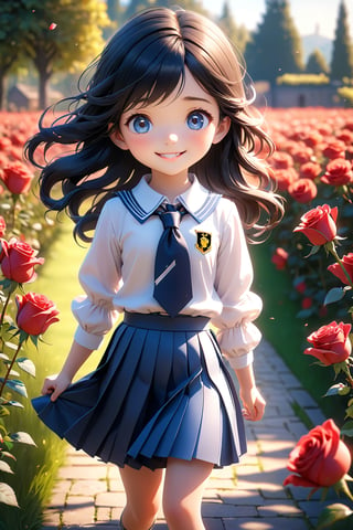 best quality, masterpiece, beautiful and aesthetic, vibrant color, Exquisite details and textures,  Warm tone, ultra realistic illustration,	(cute Belgium girl, 5year old:1.5),	(rose garden theme:1.4), fluttering petals,	cute eyes, big eyes,	(a beautiful smile:1.3),	16K, (HDR:1.4), high contrast, bokeh:1.2, lens flare,	siena natural ratio, children's body, anime style, 	Full length view,	long Wave black hair,	a crisp white blouse, dark blue tie and a pleated skirt,	ultra hd, realistic, vivid colors, highly detailed, UHD drawing, perfect composition, beautiful detailed intricate insanely detailed octane render trending on artstation, 8k artistic photography, photorealistic concept art, soft natural volumetric cinematic perfect light. 
