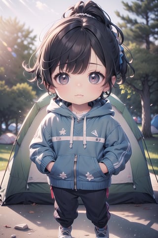 best quality, masterpiece, beautiful and aesthetic, vibrant color, Exquisite details and textures,  Warm tone, ultra realistic illustration,	(cute Latino Boy, 6year old:1.5),	(Camping theme:1.4), camping with my friends,	cute eyes, big eyes,	(a curious look:1.6),	16K, (HDR:1.4), high contrast, bokeh:1.2, lens flare,	siena natural ratio, children's body, anime style, 	head to toe,	dark brown ponytail hairstyle with blunt bangs, 	hoodie, white pants,	ultra hd, realistic, vivid colors, highly detailed, UHD drawing, perfect composition, beautiful detailed intricate insanely detailed octane render trending on artstation, 8k artistic photography, photorealistic concept art, soft natural volumetric cinematic perfect light. 