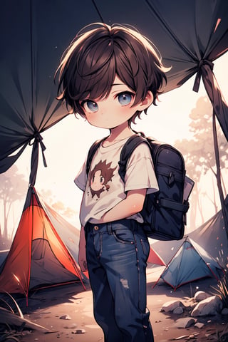 best quality, masterpiece, beautiful and aesthetic, vibrant color, Exquisite details and textures,  Warm tone, ultra realistic illustration,	(cute Latino Boy, 6year old:1.5),	(Camping theme:1.4), camping with my dog,	cute eyes, big eyes,	(a model look:1.6),	16K, (HDR:1.4), high contrast, bokeh:1.2, lens flare,	siena natural ratio, children's body, anime style, 	Full length side view, lean against the wall, 	very long Straight dark brown hair with blunt bangs,	a cute t-shirt, tight low-rise jeans,	ultra hd, realistic, vivid colors, highly detailed, UHD drawing, perfect composition, beautiful detailed intricate insanely detailed octane render trending on artstation, 8k artistic photography, photorealistic concept art, soft natural volumetric cinematic perfect light.