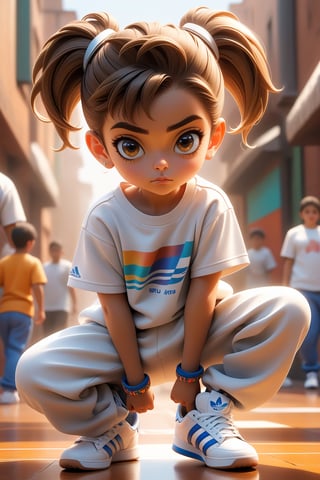 best quality, masterpiece, beautiful and aesthetic, vibrant color, Exquisite details and textures,  Warm tone, ultra realistic illustration,	(cute Latino Boy, 6year old:1.5),	(Breakdancing theme:1.2),	cute eyes, big eyes,	(a sullen look:1.2),	16K, (HDR:1.4), high contrast, bokeh:1.2, lens flare,	siena natural ratio, children's body, anime style, 	head to thigh portrait,	Light Brown ponytail hairstyle,	wearing a white T-shirt, white Adidas sweatpants,	ultra hd, realistic, vivid colors, highly detailed, UHD drawing, perfect composition, beautiful detailed intricate insanely detailed octane render trending on artstation, 8k artistic photography, photorealistic concept art, soft natural volumetric cinematic perfect light.