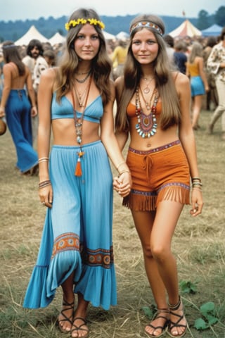 2girls, (full body), gorgeous 18 years old girls dancing, holding hands, at Woodstock Festival, 1969 s style, 1969s hippie cloth style, hipple and boho fashion 1969s, hippie chic, hippie fashion, hippie and boho fashion 1969s,  1969 s vibe, bohemian fashion, hippie, (finely detailed beautiful eyes and detailed face), (vibrant colors), intricate design, 32k, ultra hd, realistic, highly detailed,  best quality, cinematic lighting, photorealistic, hyperrealistic, high definition, extremely detailed, insane details (finely detailed beautiful eyes and detailed face), (brilliant composition), ,more detail XL