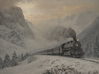 A majestic oil on canvas masterpiece depicting an early 19th century steam locomotive chugging along the snowy mountainside at dusk. Muted colors of muted greens and grays dominate the scene as the locomotive's smoke billows into the atmosphere, shrouding the majestic peaks in a mystical haze. Snow-covered trees and buildings dot the landscape, while the locomotive's wheels leave a trail of motion blur on the frozen terrain. Brilliant illumination casts long shadows, accentuating the train's dramatic pose amidst the volumetric snowy mountainscape. Hyper-realistic details abound, transporting the viewer to a bygone era of steam-powered adventure.