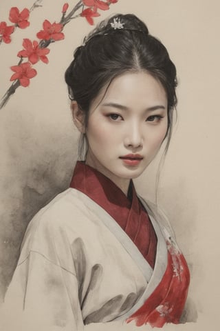 (ink drawing), (ink on parchment) dark moody minimal portrait of a chinese model emerging from the shadows, wearing traditional clothes, upper body, (red-monochrome), blossomed cherry flowers, 