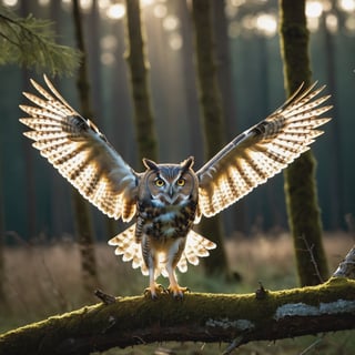 RAW photo, a owl on a branch in a clearing, wings spread, very sharp, cinematic lights, full body in frame, macro shot, dark shot, deep darks, in a clearing,, a gorgeous firest in background, very sharp, cinematic lights, full body in frame, macro shot, dark shot, deep darks, (muted highlights),  deep of field, amazing natural lighting, intricate design, 32k, ultra hd, realistic, highly detailed,  best quality, cinematic lighting, photorealistic, hyperrealistic, high definition, extremely detailed, insane details (finely detailed beautiful eyes and detailed face), (brilliant composition), 