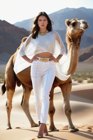 Photo-realistic, Ultra realistic full body photo of gorgeous 18 years old brunette girl, sexy model, (model pose) wearing donna karan upscale white and gold transparent denim dolman sleeve outfit and jewelry in heavy wind in a desert, (standing next to a camel), epic, masterpiece, brilliant composition, finely detauled expresive eyes and detailed face,Emily