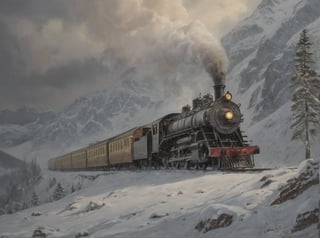 A majestic oil on canvas masterpiece depicting an early 19th century steam locomotive chugging along the snowy mountainside at dusk. Muted colors of muted greens and grays dominate the scene as the locomotive's smoke billows into the atmosphere, shrouding the majestic peaks in a mystical haze. Snow-covered trees and buildings dot the landscape, while the locomotive's wheels leave a trail of motion blur on the frozen terrain. Brilliant illumination casts long shadows, accentuating the train's dramatic pose amidst the volumetric snowy mountainscape. Hyper-realistic details abound, transporting the viewer to a bygone era of steam-powered adventure.