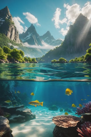 In a stunning masterpiece, breathtaking beauty unfolds. Half above water and half below, the scene is divided by crystal-clear waters that seem to glow with an otherworldly light. The lush greenery and mountains provide a picturesque backdrop as bright sunlight casts a warm glow on the serene aquatic world. Volumetric cinematic lights dance across the surface, creating high contrast and vibrant colors that leap off the screen. Insane details of fish swimming in the clear underwater reveal a depth that's almost palpable. The beautiful sky above is filled with puffy clouds, adding to the sense of serenity. Every aspect of this 12k hyperrealistic marvel is a masterclass in composition, lighting, and sheer visual magnificence.