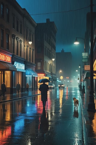 (film noir style), striking image of a dangerous city at night, the wet streets reflect the light from the streetlamps, the city is modern yet desolate feeling, a man walks his dog down the street, (heavy rain), (raining) (deep dark tones), (muted highlights), (vibrant colors), (volumetric), (high quality), (ultra detail), (high resolution), (masterpiece), (complex and beautiful), (exquisitely beautiful), , cinematic, (gorgeous), insane details,  8K, UHD, (brilliant composition), 