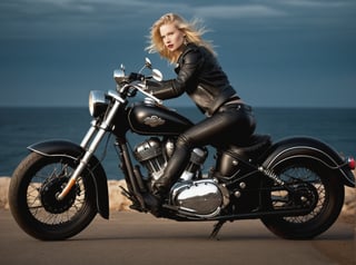 Photographed in RAW format, a hyperrealistic masterpiece captures the dynamic pose of an 18-year-old blonde biker girl in leather attire, her pale skin glistening under the night's soft glow. The motion blur conveys the speed as she rides her black (vintage Indian motorbike), bobber, leather sidebags, its spoke wheels and leather seat gleaming in the headlights' beam. The ocean's gentle waves and dramatic skies provide a stunning backdrop, while the volumetric composition creates depth. Insane details abound: from the intricate leather patterns to the best illumination and shadows, this dark shot is a testament to exceptional photography. dark shot, black over black, 12K,