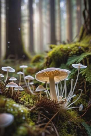 Delve into the enchanting microcosm of "Plants and Fungi" as you explore the delicate beauty of Mycena fungi, . This macro shot reveals the intricate details of the tiny fungi, showcasing their fragile stems and delicate caps with crystal-clear precision. In the foreground, soft flowers add an extra layer of natural charm, their petals framing the fungi like nature's own artwork. Set against a backdrop of the forest floor, the fungi and flowers stand out in sharp focus, while the surrounding environment melts away into the most exquisite bokeh. Small, twinkling bokeh lights in the background, like tiny orbs of magic, create a dreamlike atmosphere that highlights the ethereal beauty of the scene. (geautiful dew on top of fungi),This mesmerizing image, shot with a Canon EOS R5 paired with a Canon RF 100mm f/2.8L Macro IS USM lens, captures every fine detail and subtle texture with stunning clarity. Immerse yourself in the hidden wonders of the natural world, where the interplay of light and shadow, combined with the finest bokeh and the charm of foreground flowers, elevates the humble Mycena fungi to a work of art., (dark shot), (deep darks), (deep shadows), (muted highlights), (vibrant colors), (dramatic shadows), insane details, (high quality), (ultra detail), (high resolution), (masterpiece), (complex and beautiful), (exquisitely beautiful), , cinematic, (gorgeous), insane details,  8K, UHD, (brilliant composition), 