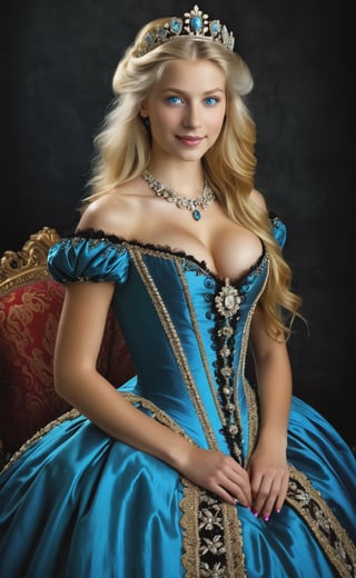 (upper body), (Rembrandt style), professional colorful photo of a gorgeous 18 years old princess, perfect face, very long blond hair, cleavage, dark shot, dramatic, extremely detailed, intricate, elegant, donning an elegant and  sophisticated Victorian dress with intricate details, a wide neckline and bare shoulders,, very detailed, detailed tiara with diamonds, tight waist, (elegant shoes), mysteryous seductive smile, cinematic lighting,high contrast, dramatic shadows, dark shot, (vibrant colors), extremely detailed  8k , hyperrealistic, high definition,  cinematic, UHD, HDR, 32k, ultra hd, realistic, photorealistic, highly detailed, (perfect composition), beautiful detailed, (full body in frame), insane details (finely detailed beautiful blue eyes and detailed face), (brilliant composition)