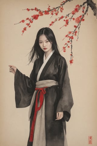 (ink drawing), (black ink on parchment) dark moody minimal portrait of a chinese model emerging from the shadows, wearing traditional clothes, upper body, (red-monochrome), blossomed cherry flowers, muted colors