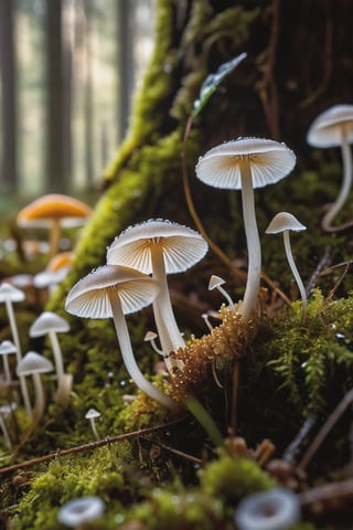 Delve into the enchanting microcosm of "Plants and Fungi" as you explore the delicate beauty of Mycena fungi, . This macro shot reveals the intricate details of the tiny fungi, showcasing their fragile stems and delicate caps with crystal-clear precision. In the foreground, soft flowers add an extra layer of natural charm, their petals framing the fungi like nature's own artwork. Set against a backdrop of the forest floor, the fungi and flowers stand out in sharp focus, while the surrounding environment melts away into the most exquisite bokeh. Small, twinkling bokeh lights in the background, like tiny orbs of magic, create a dreamlike atmosphere that highlights the ethereal beauty of the scene. (geautiful dew on top of fungi),This mesmerizing image, shot with a Canon EOS R5 paired with a Canon RF 100mm f/2.8L Macro IS USM lens, captures every fine detail and subtle texture with stunning clarity. Immerse yourself in the hidden wonders of the natural world, where the interplay of light and shadow, combined with the finest bokeh and the charm of foreground flowers, elevates the humble Mycena fungi to a work of art., (dark shot), (deep darks), (deep shadows), (muted highlights), (vibrant colors), (dramatic shadows), insane details, (high quality), (ultra detail), (high resolution), (masterpiece), (complex and beautiful), (exquisitely beautiful), , cinematic, (gorgeous), insane details,  8K, UHD, (brilliant composition), 