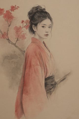 (ink drawing), (black ink on parchment) dark moody minimal portrait of a chinese model emerging from the shadows, wearing traditional clothes, upper body, (red-monochrome), blossomed cherry flowers, muted colors