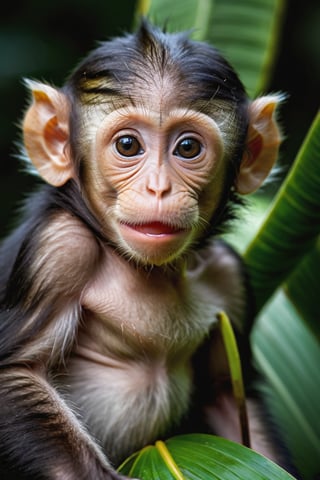 Capture a hyperrealistic close-up (macro shot), of the most adorable, baby monkey`s head imaginable, lovely funny face, on  a brabch in the jungle, betwen palm leafs,  dark shot, dark nackground, deep of field, atmosphere with intense shadows, utilizing 12K resolution to accentuate every detail. The composition should be simple yet striking, focusing attention on the baby monkey's curious expression.