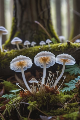 Delve into the enchanting microcosm of "Plants and Fungi" as you explore the delicate beauty of Mycena fungi, . This macro shot reveals the intricate details of the tiny fungi, showcasing their fragile stems and delicate caps with crystal-clear precision. In the foreground, soft flowers add an extra layer of natural charm, their petals framing the fungi like nature's own artwork. Set against a backdrop of the forest floor, the fungi and flowers stand out in sharp focus, while the surrounding environment melts away into the most exquisite bokeh. Small, twinkling bokeh lights in the background, like tiny orbs of magic, create a dreamlike atmosphere that highlights the ethereal beauty of the scene. (geautiful dew on top of fungi and on the ground),This mesmerizing image, shot with a Canon EOS R5 paired with a Canon RF 100mm f/2.8L Macro IS USM lens, captures every fine detail and subtle texture with stunning clarity. Immerse yourself in the hidden wonders of the natural world, where the interplay of light and shadow, combined with the finest bokeh and the charm of foreground flowers, elevates the humble Mycena fungi to a work of art., (dark shot), (deep darks), (deep shadows), (muted highlights), (vibrant colors), (dramatic shadows), insane details, (high quality), (ultra detail), (high resolution), (masterpiece), (complex and beautiful), (exquisitely beautiful), , cinematic, (gorgeous), insane details,  8K, UHD, (brilliant composition), 