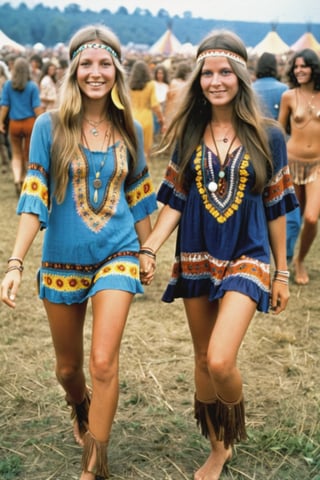 2girls, (full body), gorgeous 18 years old girls dancing, holding hands, at Woodstock Festival, 1969 s style, 1969s hippie cloth style, hipple and boho fashion 1969s, hippie chic, hippie fashion, hippie and boho fashion 1969s,  1969 s vibe, bohemian fashion, hippie, (finely detailed beautiful eyes and detailed face), (vibrant colors), intricate design, 32k, ultra hd, realistic, highly detailed,  best quality, cinematic lighting, photorealistic, hyperrealistic, high definition, extremely detailed, insane details (finely detailed beautiful eyes and detailed face), (brilliant composition), ,more detail XL