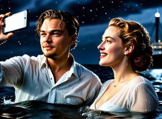 (photorealistic) ultrarealistic, (titanic movie scene), night time, (Jack and Rose swimming), (20 years old Leonardo DiCaprio and Kate Winslet), (wearing wet white shirt), (wet hair and wet clothes), head outside the water, (taking a selfie with the phone), happy faces, ironic smile, (with the sinking Titanic in the background), starry sky, (high contrast), (dark shot), highly detailed, ,best quality, high quality, dramatic shadows, (soft grain and scratches), cinematic, photorealistic, hyperrealistic, more detail XL