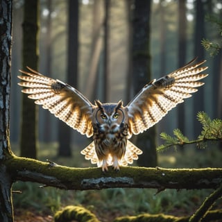 RAW photo, a owl on a branch in a clearing, wings spread, very sharp, cinematic lights, full body in frame, macro shot, dark shot, deep darks, in a clearing,, a gorgeous firest in background, very sharp, cinematic lights, full body in frame, macro shot, dark shot, deep darks, (muted highlights),  deep of field, amazing natural lighting, intricate design, 32k, ultra hd, realistic, highly detailed,  best quality, cinematic lighting, photorealistic, hyperrealistic, high definition, extremely detailed, insane details (finely detailed beautiful eyes and detailed face), (brilliant composition), 