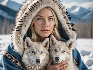 RAW photo, a beautiful cherokee blonde girl in traditional clothes with hood on, with traditional feathers holding a cute white wolf pup, very sharp, cinematic lights, (close up), macro, masterpiece, in snowy montains,  light snow, deep of field, amazing natural lighting, intricate design, 32k, ultra hd, realistic, highly detailed,  best quality, cinematic lighting, photorealistic, hyperrealistic, high definition, extremely detailed, insane details (finely detailed beautiful blue eyes and detailed face), (brilliant composition), (muted highlights),more detail XL