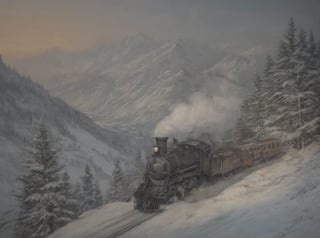 A majestic oil on canvas masterpiece depicting an early 19th century steam locomotive chugging along the snowy mountainside at dusk. Muted colors of muted greens and grays dominate the scene as the locomotive's smoke billows into the atmosphere, shrouding the majestic peaks in a mystical haze. Snow-covered trees and buildings dot the landscape, while the locomotive's wheels leave a trail of motion blur on the frozen terrain. Brilliant illumination casts long shadows, accentuating the train's dramatic pose amidst the volumetric snowy mountainscape. Hyper-realistic details abound, transporting the viewer to a bygone era of steam-powered adventure.