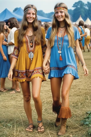 2girls, (full body), gorgeous 18 years old girls dancing, holding hands, at Woodstock Festival, 1969 s style, 1969s hippie cloth style, hipple and boho fashion 1969s, hippie chic, hippie fashion, hippie and boho fashion 1969s,  1969 s vibe, bohemian fashion, hippie, (finely detailed beautiful eyes and detailed face), (vibrant colors), intricate design, 32k, ultra hd, realistic, highly detailed,  best quality, cinematic lighting, photorealistic, hyperrealistic, high definition, extremely detailed, insane details (finely detailed beautiful eyes and detailed face), (brilliant composition), 