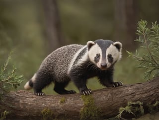 Capture a hyperrealistic full body, of the most adorable baby honey-badger imaginable, perched precariously on a tclearing next to a  (branch covered in musk). Frame the shot from a low angle, emphasizing the ibaby honey-badge's cuteness and tiny features. Lighting is crucial - aim for a dark, moody atmosphere with intense shadows and high contrast, utilizing 12K resolution to accentuate every detail. The composition should be simple yet striking, focusing attention on the snake's curious expression. 