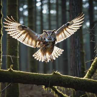 RAW photo, a owl on a branch in a clearing, wings spread, very sharp, cinematic lights, full body in frame, macro shot, dark shot, deep darks, in a clearing,, a gorgeous firest in background, very sharp, cinematic lights, full body in frame, macro shot, dark shot, deep darks, (muted highlights),  deep of field, amazing natural lighting, intricate design, 32k, ultra hd, realistic, highly detailed,  best quality, cinematic lighting, photorealistic, hyperrealistic, high definition, extremely detailed, insane details (finely detailed beautiful eyes and detailed face), (brilliant composition), 