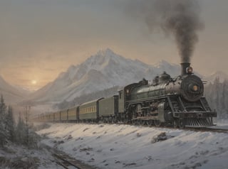 A majestic oil on canvas masterpiece depicting an early 19th century steam locomotive chugging along the snowy mountainside at dusk. Muted colors of muted greens and grays dominate the scene as the locomotive's smoke billows into the atmosphere, shrouding the majestic peaks in a mystical haze. Snow-covered trees and buildings dot the landscape, while the locomotive's wheels leave a trail of motion blur on the frozen terrain. Brilliant illumination casts long shadows, accentuating the train's dramatic pose amidst the volumetric snowy mountainscape. Hyper-realistic details abound, transporting the viewer to a bygone era of steam-powered adventure.