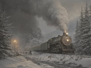 A majestic oil on canvas masterpiece depicting an early 19th century steam locomotive chugging along the snowy mountainside at dusk. Muted colors of muted greens and grays dominate the scene as the locomotive's smoke billows into the atmosphere, shrouding the majestic peaks in a mystical haze. Snow-covered trees and buildings dot the landscape, while the locomotive's wheels leave a trail of motion blur on the frozen terrain. Brilliant illumination casts long shadows, accentuating the train's dramatic pose amidst the volumetric snowy mountainscape. Hyper-realistic details abound, transporting the viewer to a bygone era of steam-powered adventure.