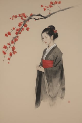 (ink drawing), (ink on parchment) dark moody minimal portrait of a chinese model emerging from the shadows, wearing traditional clothes, upper body, (red-monochrome), blossomed cherry flowers, muted colors