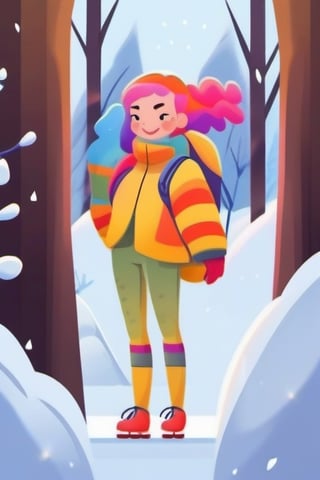 180 cm tall woman with rainbow colored hair posing in the forest area during snow sports,flash,flashlight,Flat Design