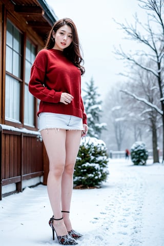 Full-body photos of a girl, red sweater, bare long legs, high heels, winter, realism, HD 16K, snow, winter, ,masterpiece

