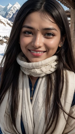 1girls, saree, naval_piercing, black-hair, blond_hair, guloband, smiling  face, pahadi girl, winter_clothes, winter, himalaya in background