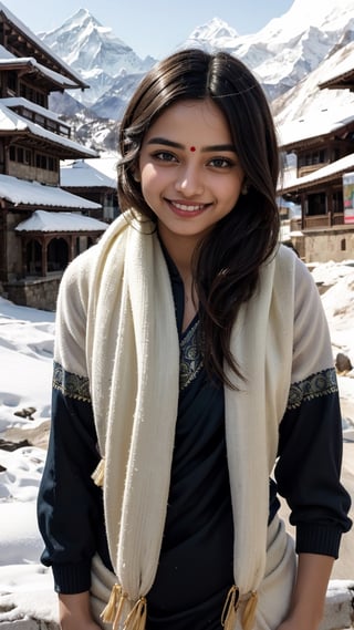 1girls, saree, naval_piercing, black-hair, blond_hair, guloband, smiling  face, pahadi girl,  winter, himalaya in background,