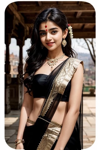 lovely cute young attractive indian teenage girl in a black transparent saree, an Instagram model, long blonde_hair, colorful hair, guloband, smiling  face, pahadi girl,  winter, Indian, shimla in background, forehead ornament, big ear rings, touch forehead ornament, full length, single red color dot on forhead