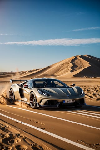 Going sideways while Drifting through sand, kicking up sand with it's tires, detailed particles, sportscar, elegant styling, mid engine supercar, dust and light particles, ((photorealistic)), ultra hd, dynamic composition, luxury car, dynamic pictures, motion blur 