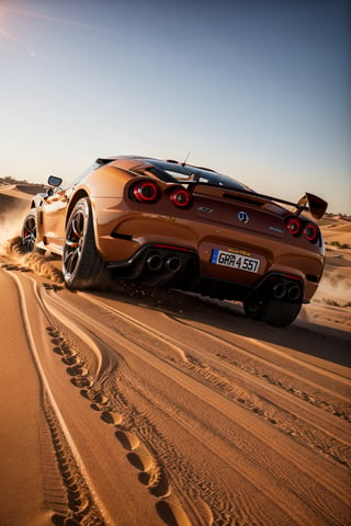 Extreme Drifting through sand, kicking up sand with it's tires, detailed particles, sportscar, elegant styling, mid engine supercar, dust and light particles, ((photorealistic)), ultra hd, dynamic composition, luxury car, dynamic pictures,