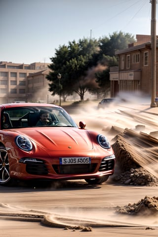 Beautiful car, coupé, dust and light particles, ((photorealistic)), motion blur, ultra hd, dynamic composition, ((dynamic pictures)), ((dynamic)), ((physically accurate picture)), interesting background, (((A LOT of dust))), Porsche 911, 